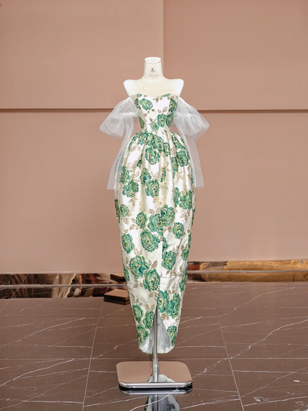 Retro strapless green floral print fitted waist puff skirt long ball gown R8375