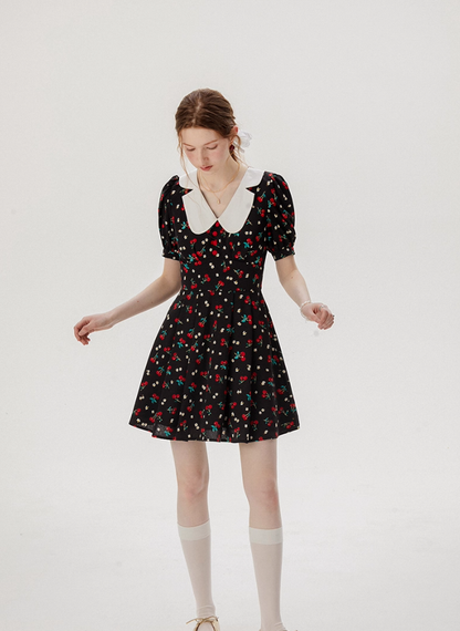 Baby collar floral dress French style black dress petite short dress female summer new style R3561