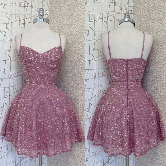 Pink and purple suspenders sequins waist slimming A-line short skirt homecoming dress R3406