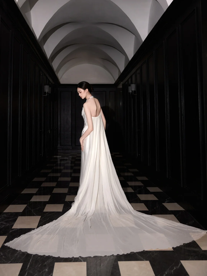 Classy White Satin Chiffon Mermaid Prom Dress,Strapless Long Wedding Dress Y8591