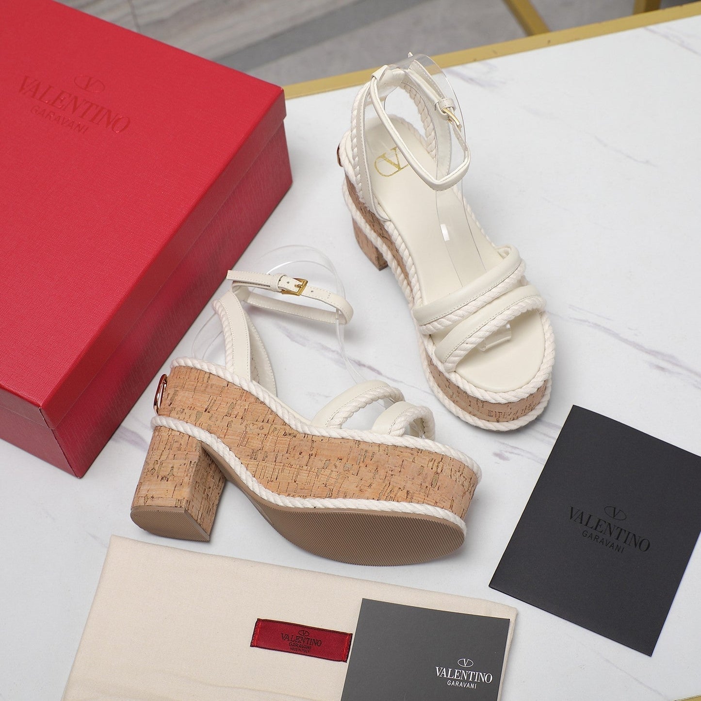 Valentino Garavani VLogo Summerblocks Wedge Sandals 115mm White Mix Brown Cowhide And Nylon Rope 821111