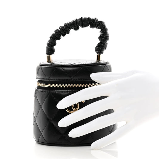 Lambskin Quilted Ruched Handle Vanity Case Black