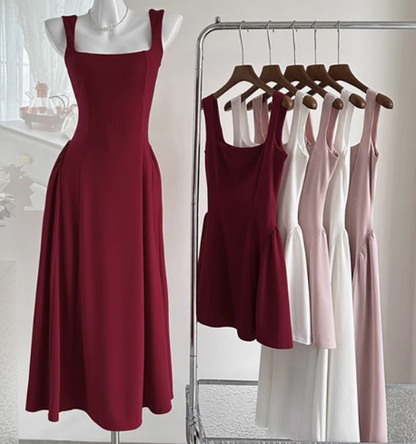 Temperament red U-neck suspender dress female 2025 new French niche high-end a-style skirt R0265