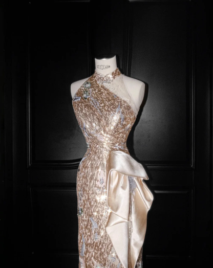 Champagne Sequin Prom Party Dress Shiny Evening Dress Birthday Outfit fg8687
