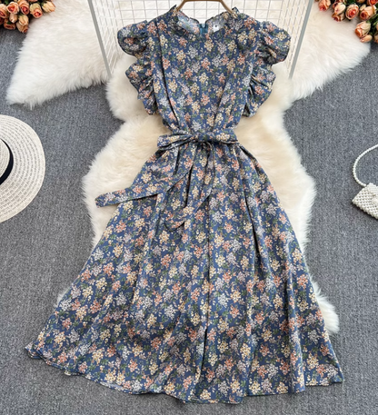 2025 Summer Gentle Style Sweet Ruffled Stand Collar Waist Slim Floral Chiffon Lotus Sleeve Dress R0408