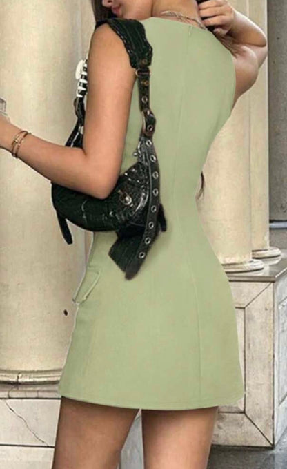 Green round neck sleeveless waist slim A-line short skirt homecoming dress R3836
