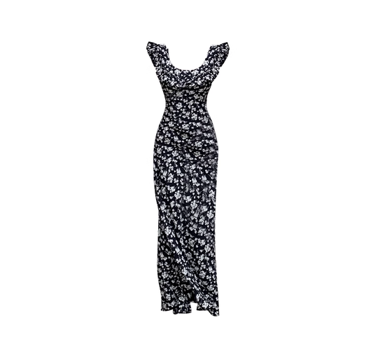 Tea break dress 2025 new dating rose island floral black dress medium-length ruffled skirt R0179
