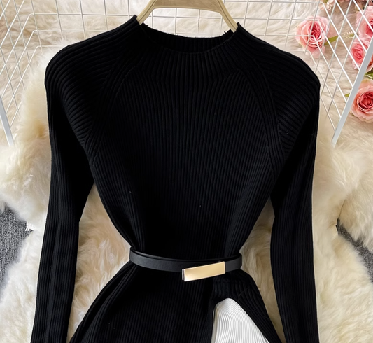 Temperament black long-sleeved fake two-piece knitted pleated dress 2025 elegant long skirt R0366