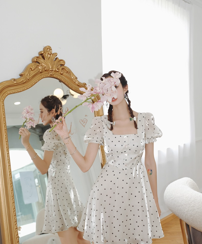 Summer French skirt for women petite white waist chiffon polka dot dress summer skirt R3459