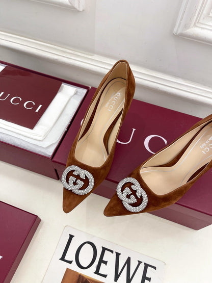 GG 26 High-Heeled 85 Pumps Camel Brown Suede 587076