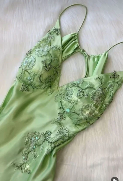 Green V Neck Straps Appliques Long Evening Party Dress MD7426
