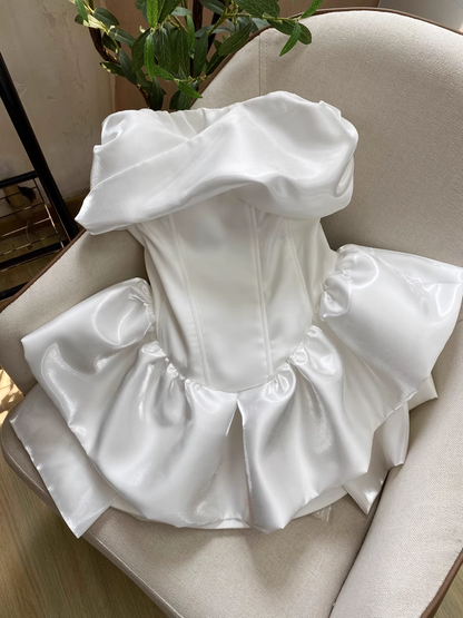Cute White Strapless Ruffled Hem Design A-line Satin Party Dress Homecoming Dress, D1393