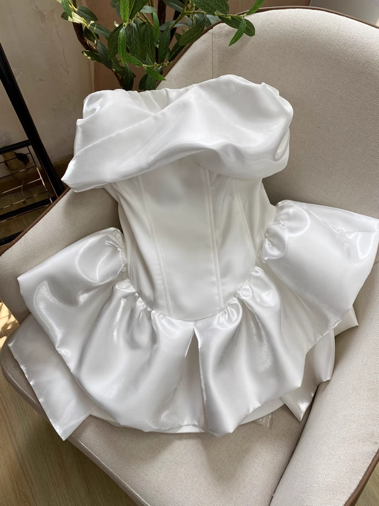 Cute White Strapless Ruffled Hem Design A-line Satin Party Dress Homecoming Dress, D1393