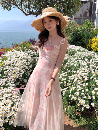 Pink long atmospheric mesh halter dress for women, a summer French retro slimming dress R4788