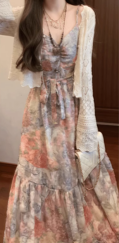 Retro floral suspender dress gentle temperament waist A-line long skirt R0785