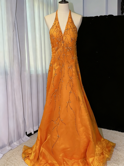 Vintage Halter V Neck Orange Tulle Beaded Mermaid Long Evening Dress Backless Birthday Dress SP2050