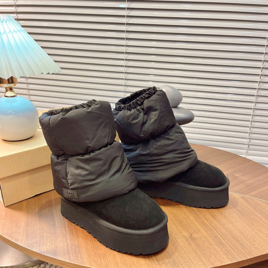 UGG Classic Mini Dipper Puffer Boots Black Suede Technical Fabric
