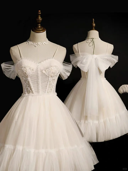 Classy Spaghetti Straps White Tulle A Line Birthday Outfits Formal Homecoming Dress D351