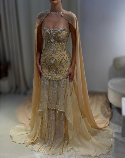 Glitter Yellow Chiffon Sequin Beaded Mermaid Evening Dress Long Birthday Prom Gown