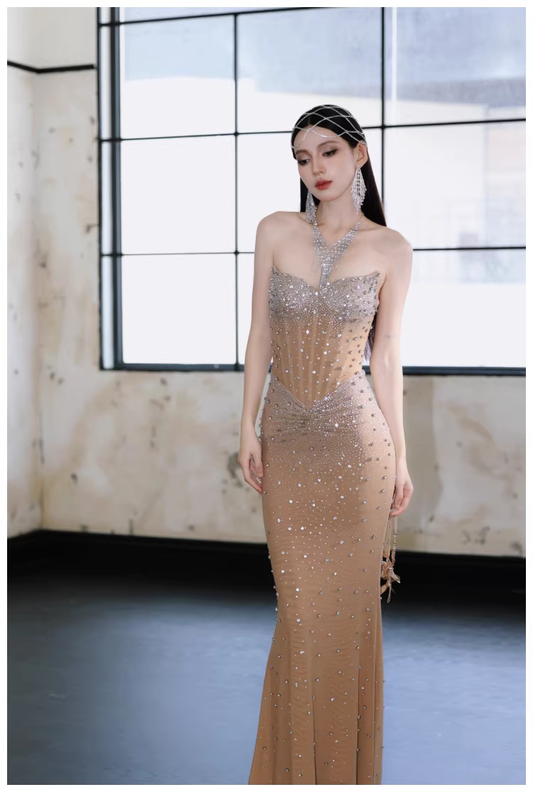 Sexy Strapless Chiffon Beaded Mermaid Long Evening Dress Party Gown