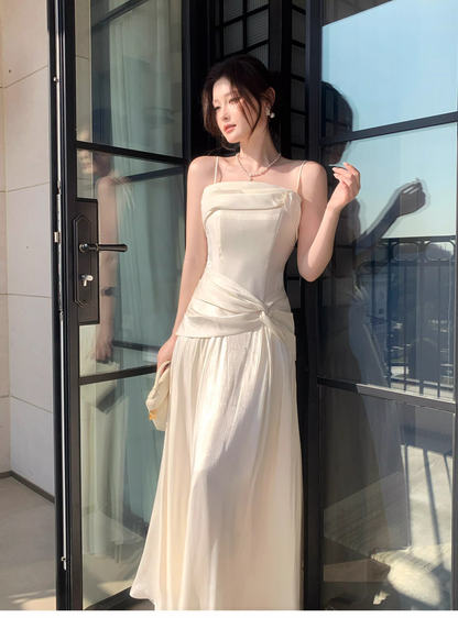 Pretty Spaghetti Straps Light Apricot Satin A Line Long Wedding Guest Dress Formal Birthday Party Dress Prom Gown SP1501