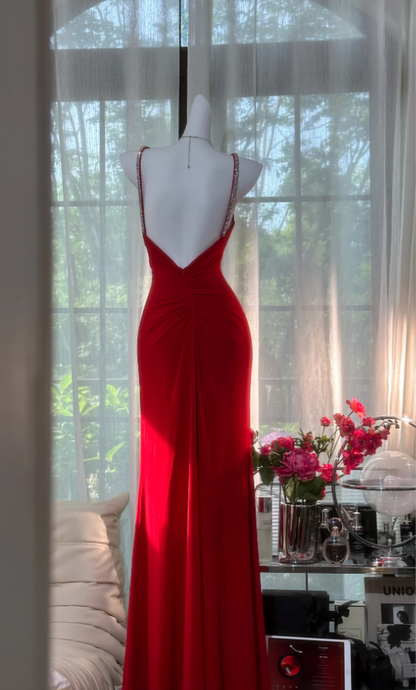 Charming Red Spaghetti Straps Chiffon Beaded Mermaid Evening Dress Backless Long Prom Gown