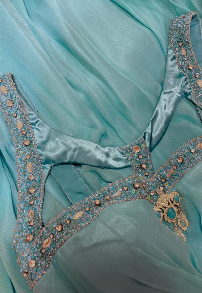 Retro Blue Satin Chiffon Beaded Mermaid Long Evening Dress Formal Wedding Guest Dress D2136