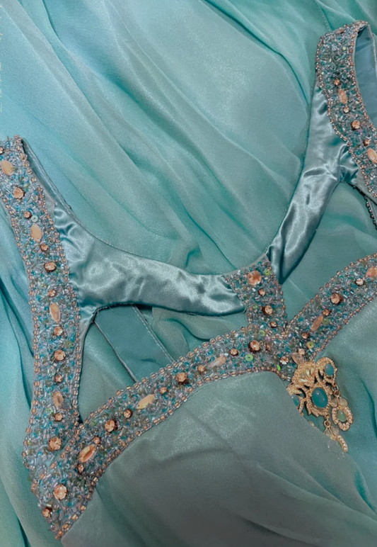 Retro Blue Satin Chiffon Beaded Mermaid Long Evening Dress Formal Wedding Guest Dress D2136