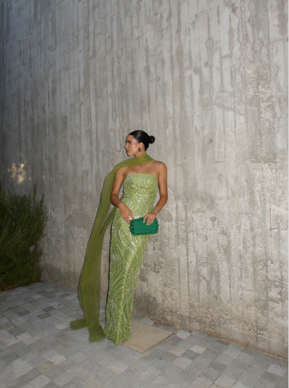 Gorgeous Strapless Apple Green Sequin Long Prom Dress Party Gown With Ribbon
