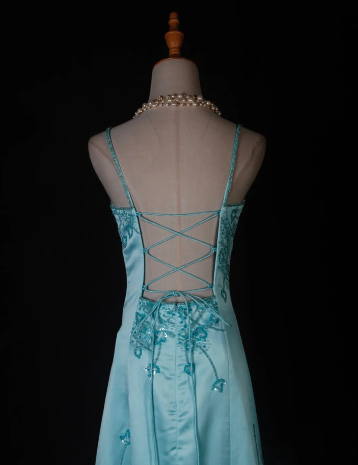 Gorgeous Blue Spaghetti Straps Satin Beaded Mermaid Long Birthday Prom Dress Party Dress D2275