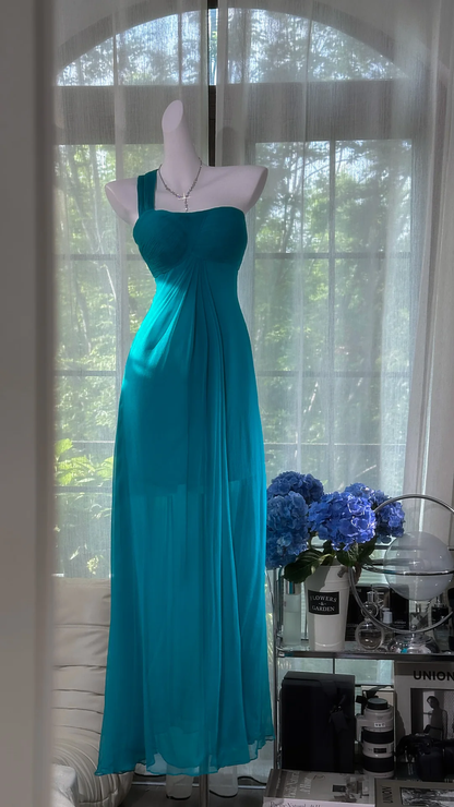 Elegant One Shoulder Blue Chiffon Long Prom Dress Formal Party Gown
