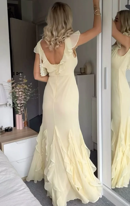 Pretty V Neck Ruffle Long Prom Dress Yellow Formal Party Evening Gown cc2522