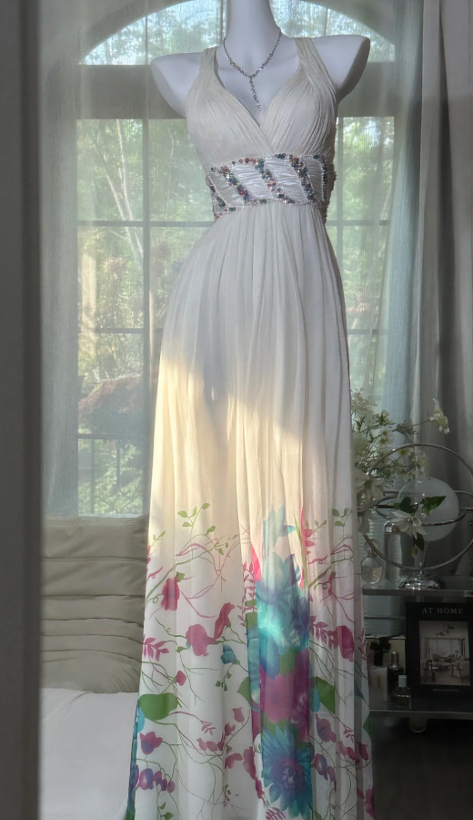 Chic White V Neck Chiffon Print Floral Beaded Long Evening Dress Backless Party Gown
