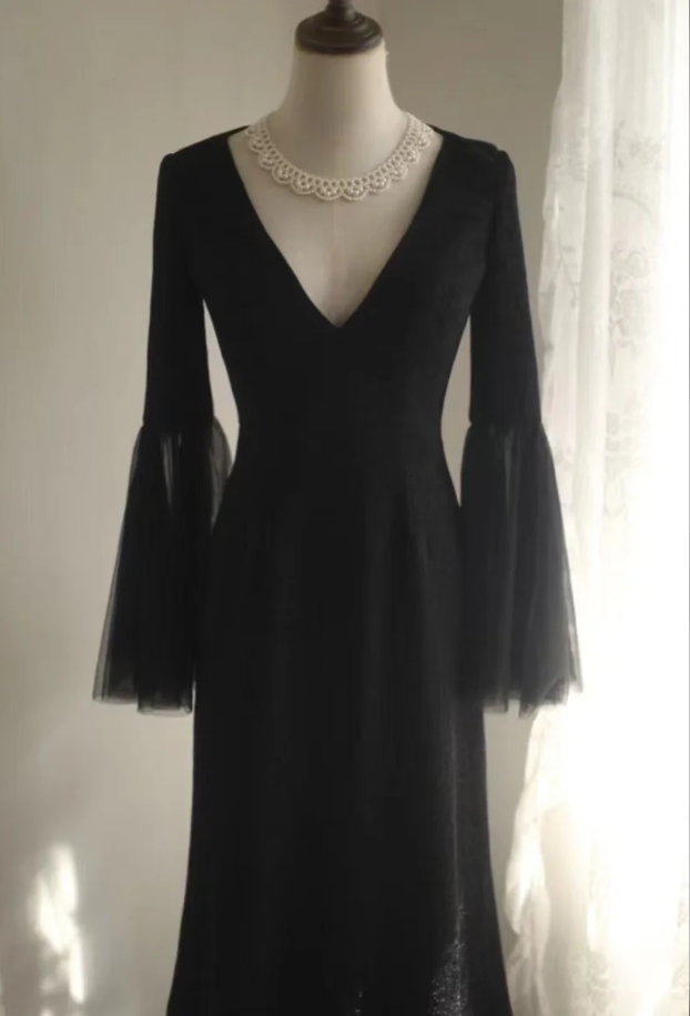 Elegant Black V Neck Satin Sequin Mermaid Party Dress Birthday Prom Gown