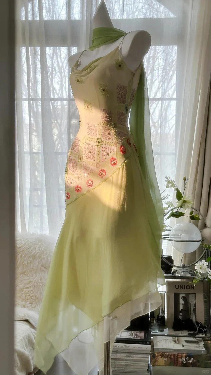 Classy Green Spaghetti Straps Chiffon Beaded Mermaid Long Evening Dress 18th Birthday Outfits SP1731