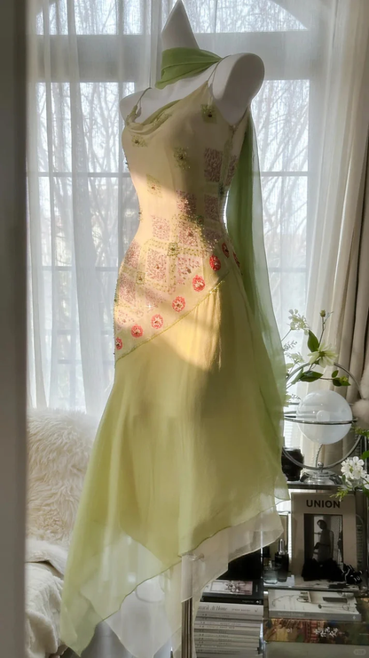 Classy Green Spaghetti Straps Chiffon Beaded Mermaid Long Evening Dress 18th Birthday Outfits SP1731