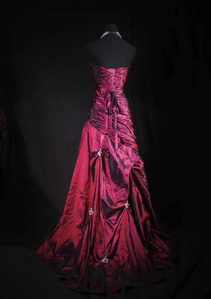 Retro Burgundy Strapless Satin Pleated Mermaid Long Party Dress Birthday Dress With Beads D2234