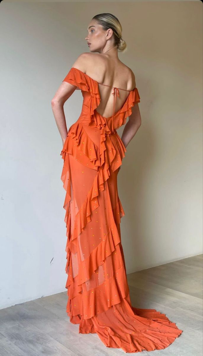 Sexy Off The Shoulder Pink Chiffon Ruffle Slit Long Party Dress Evening Gown Add Lining