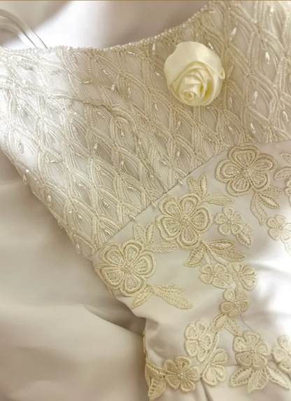Elegant Spaghetti Straps White Satin Lace Appliques Evening Dress Long Wedding Guest Dress D2138