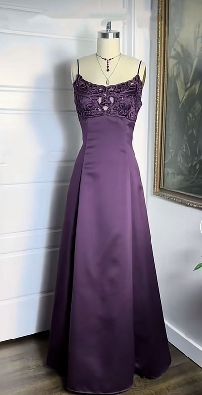 Elegant Purple Spaghetti Straps Satin Long Wedding Guest Dress Formal Birthday Party Gown