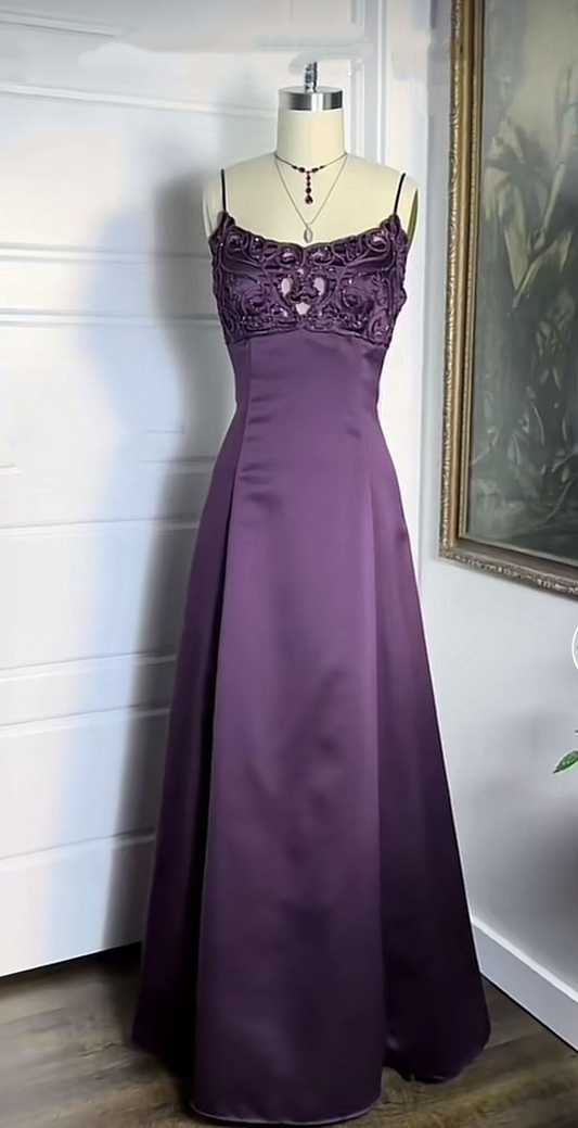 Elegant Purple Spaghetti Straps Satin Long Wedding Guest Dress Formal Birthday Party Gown
