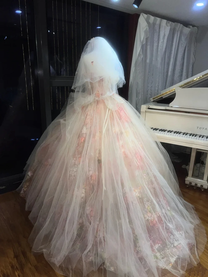 Pretty Strapless Ball Gown Tulle Floral Long Wedding Dress With Veil