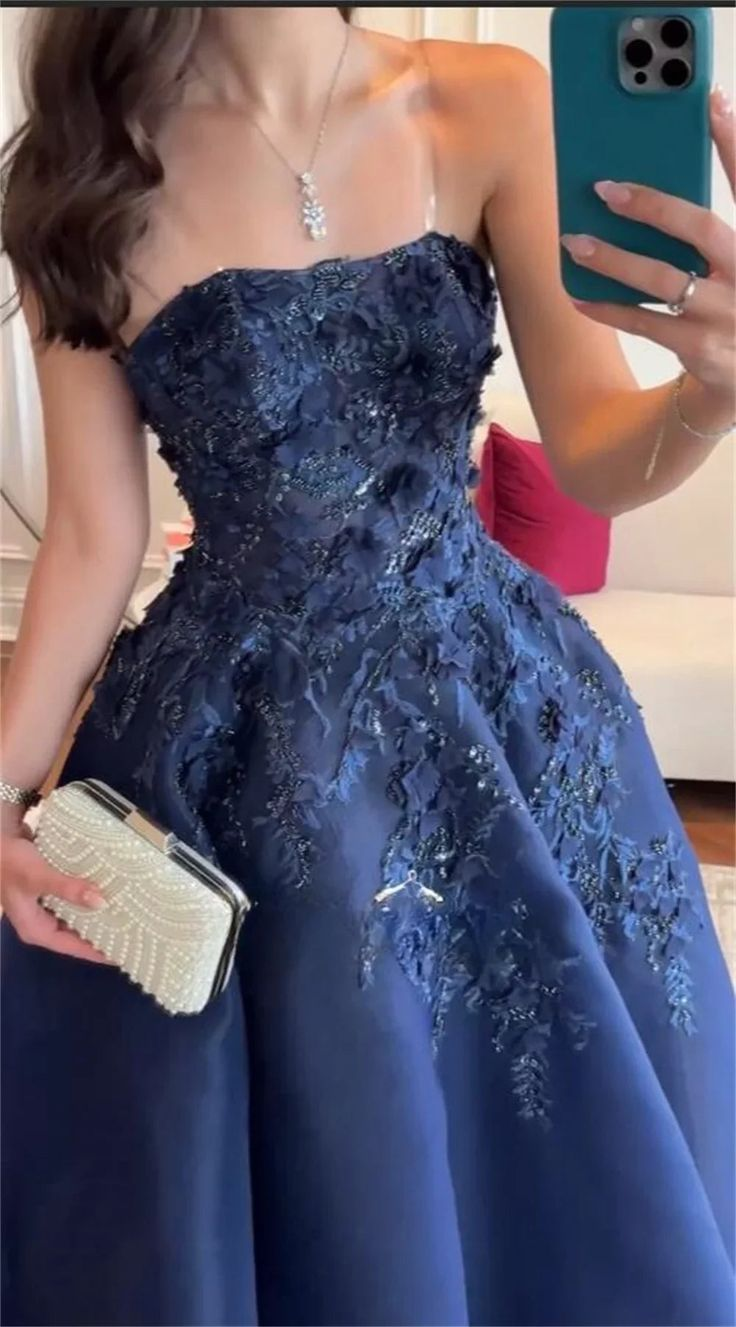 Gorgeous Navy Blue Strapless Appliques Evening Dress Birthday Ball Gown cc2735