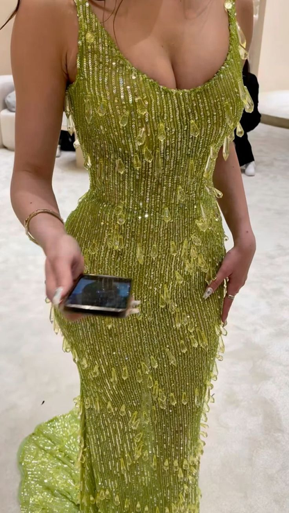 Luxury Green Mermaid Sequin Long Prom Evening Dress Formal Party Gown cc2328