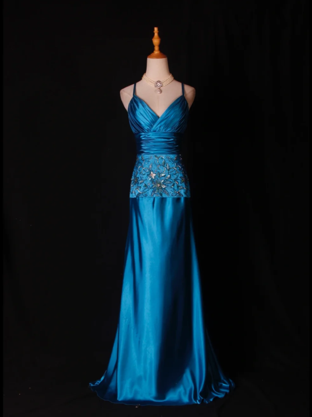 Stylish Spaghetti Straps Blue V Neck Satin Beaded Mermaid Long Evening Dress Birthday Dress D2278