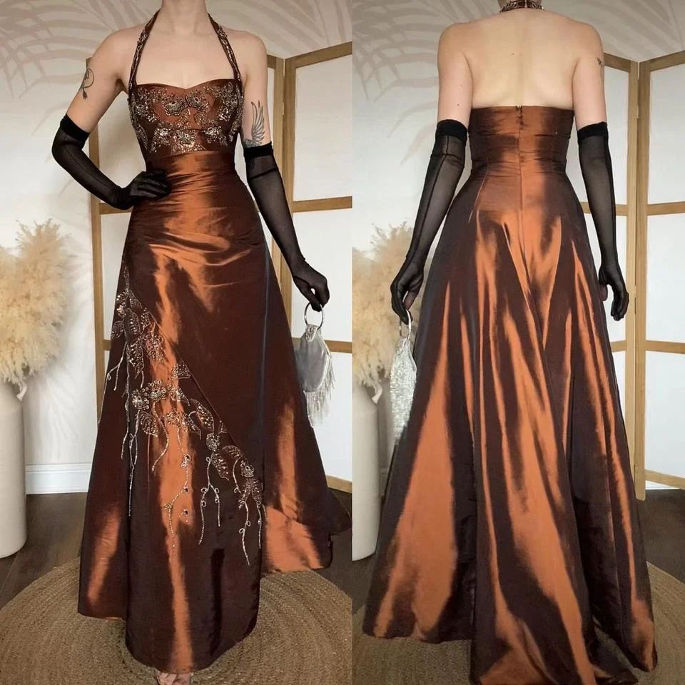 Vintage Halter Brown Satin Beaded Mermaid Evening Dress Long Party Dress Prom Gown With Gloves