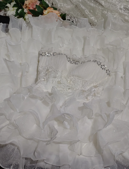 Glamorous Strapless Beaded White Chiffon Ruffles Layered Long Wedding Dress Formal Bridal Gowns