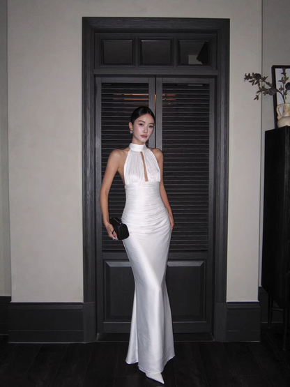 Sexy Halter White Satin Pleated Mermaid Long Wedding Guest Dress Birthday Prom Dress Evening Gown