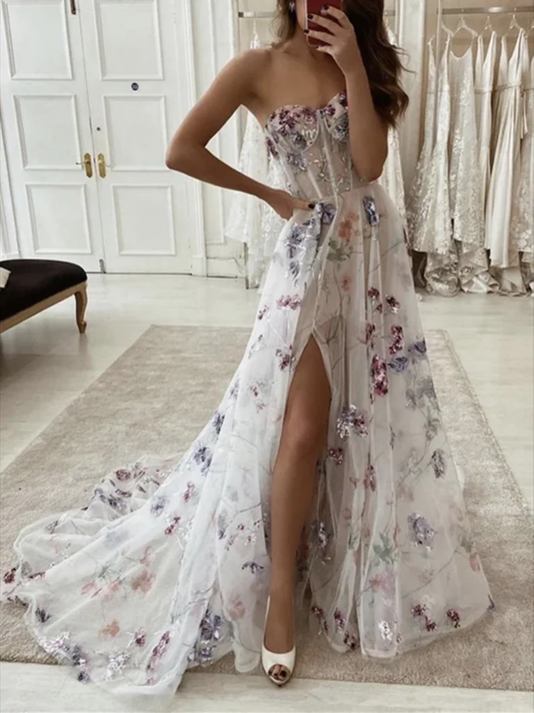 strapless a-line wedding dress with floral  Y6970