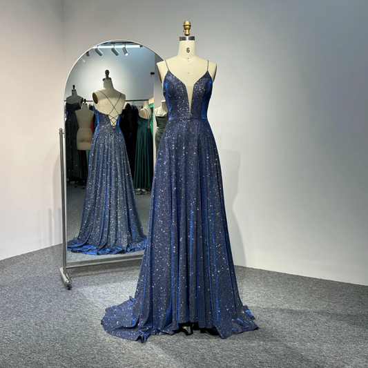 Shiny Spaghetti Straps Blue Satin Sequin Long Evening Dress Party Gown Formal Wedding Guest Dress